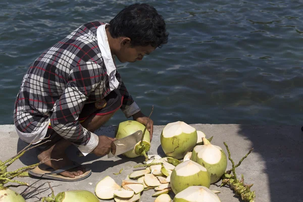 Unidentified men selling coconuts — Stock Photo, Image