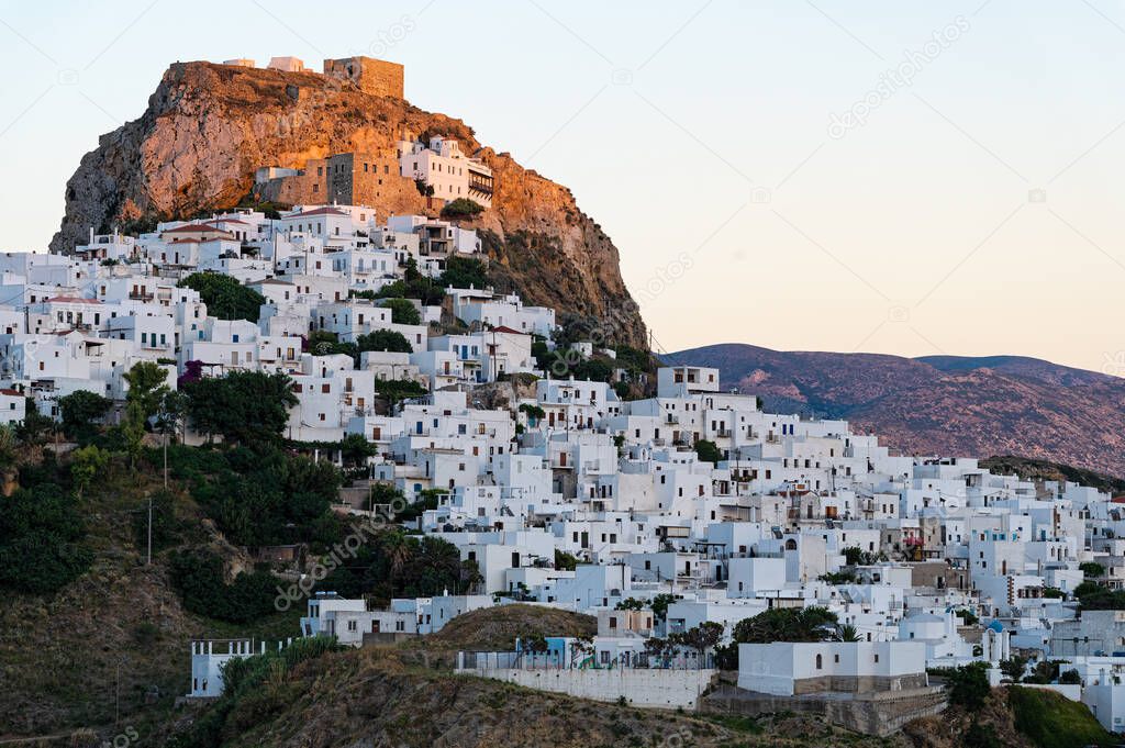 Distant view of Skyros town or Chora, the capital of Skyros island in Greece at sunset