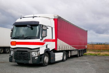 Beyaz kamyon ve kırmızı konteynır otoyolun yanındaki dinlenme yerinde duruyor.