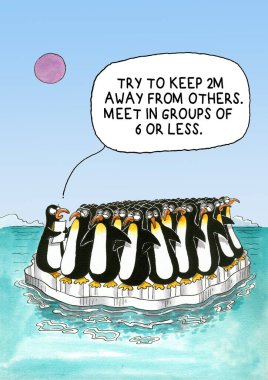 Coronavirus çizgi filmi bir penguen sürüsü hakkında şaka yapıyor.
