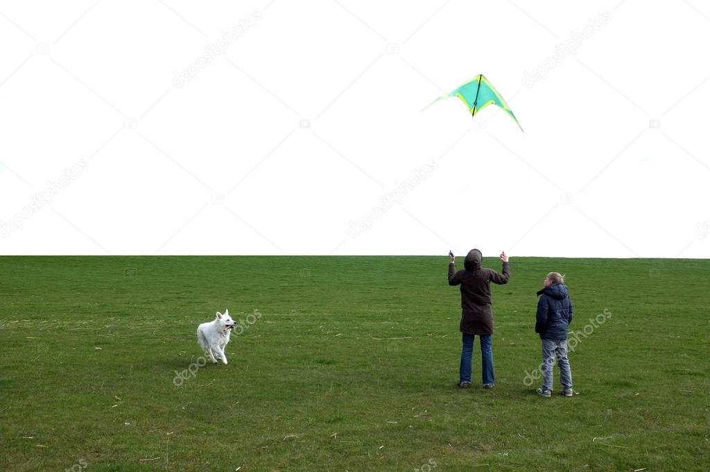 Family fly kite on the field