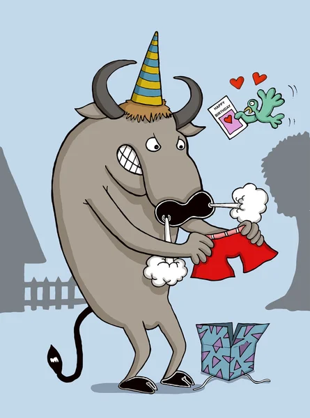 Bull si arrabbia per vedere il suo regalo rosso — Vettoriale Stock