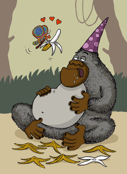 Butterfly offers a banana to gorilla