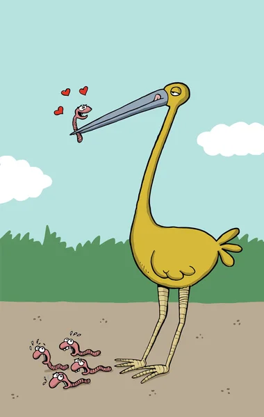 Big bird holds a worm in it's beak — Stock Illustration Big bird holds a worm in it's beak Vector Graphics