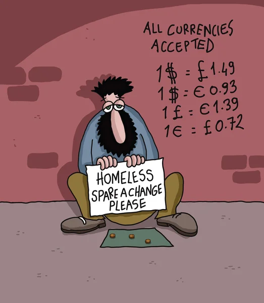 Hombre sin hogar con lista de divisas — Foto de Stock