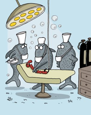 Doktorlar olarak balık hakkında komik karikatür