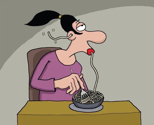 Lustige Karikatur einer Frau, die Spaghetti isst — Stockvektor