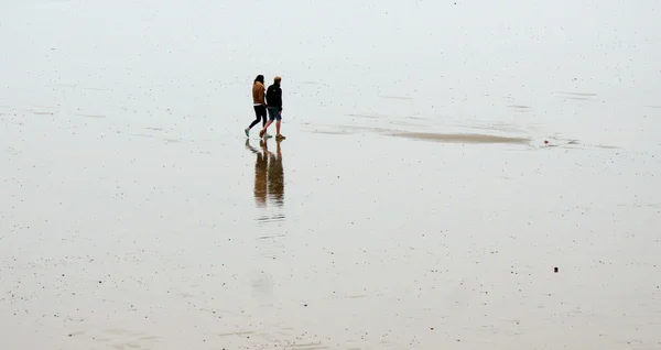 People walking on wet sandy beach — стокове фото