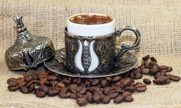 Traditional Turkish coffee with coffee beans — стокове фото