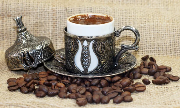 Traditional Turkish coffee with coffee beans — Stockfoto