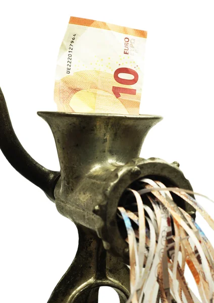 Euro nota en una picadora de carne —  Fotos de Stock