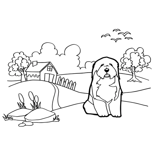 Coloring book with dog and landscape — Stock Vector