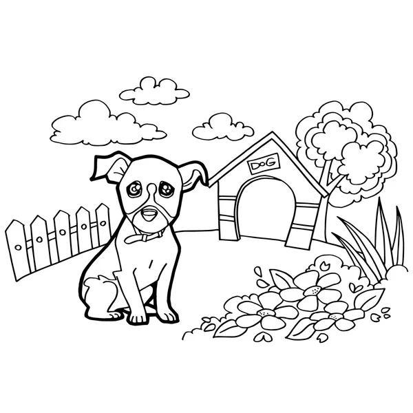 Libro para colorear con perro y paisaje — Vector de stock