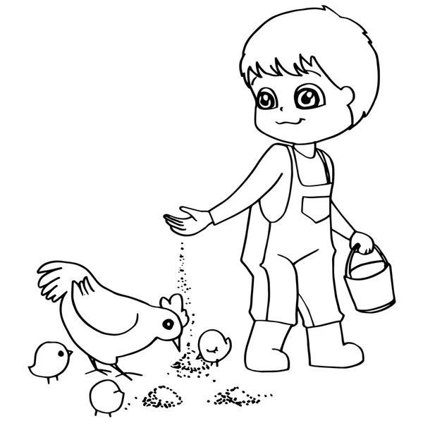 Obarvení kniha dítě krmení kuřat vektor — Stockový vektor