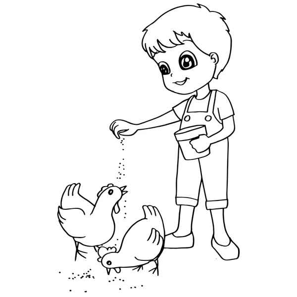 Coloring book  child feeding chickens vector — Stock Vector