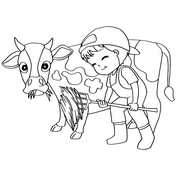 Coloring book child feeding cow vector — Stock Vector