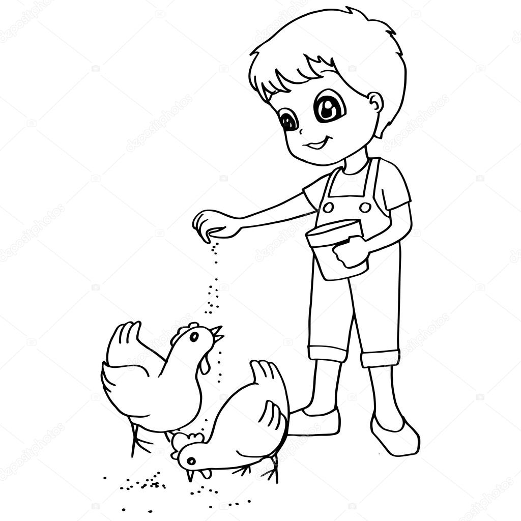 Coloring book  child feeding chickens vector