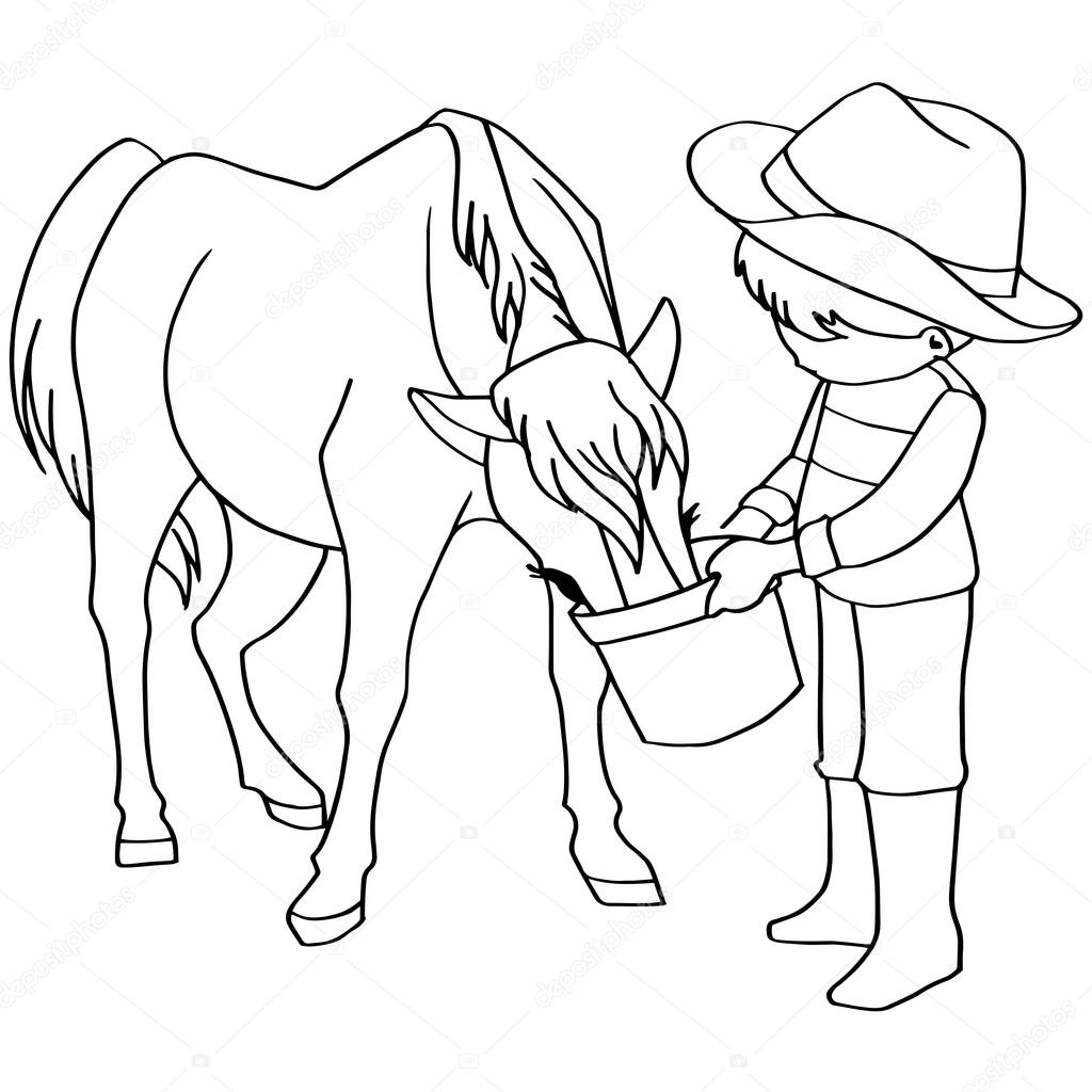 Coloring book child feeding horse vector
