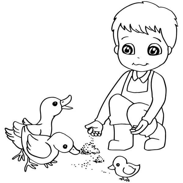 Coloring book  child feeding duck vector — Stock Vector