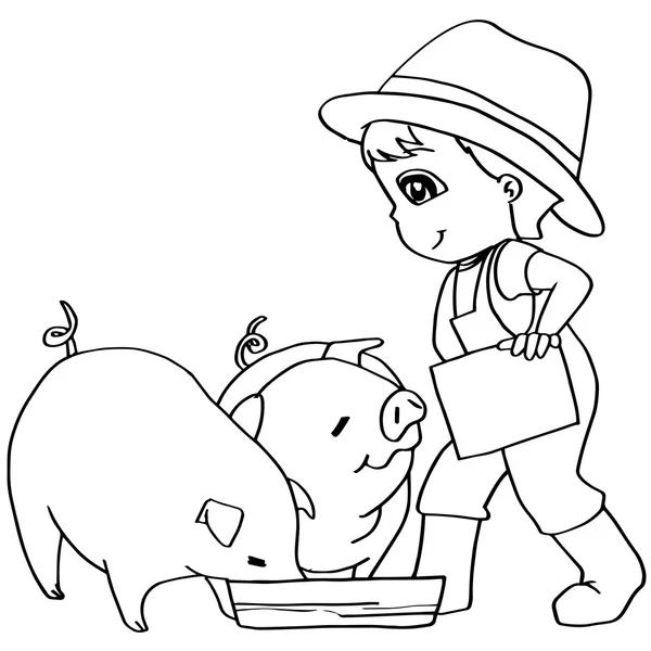 Coloring book  child feeding pigs vector — Stock Vector