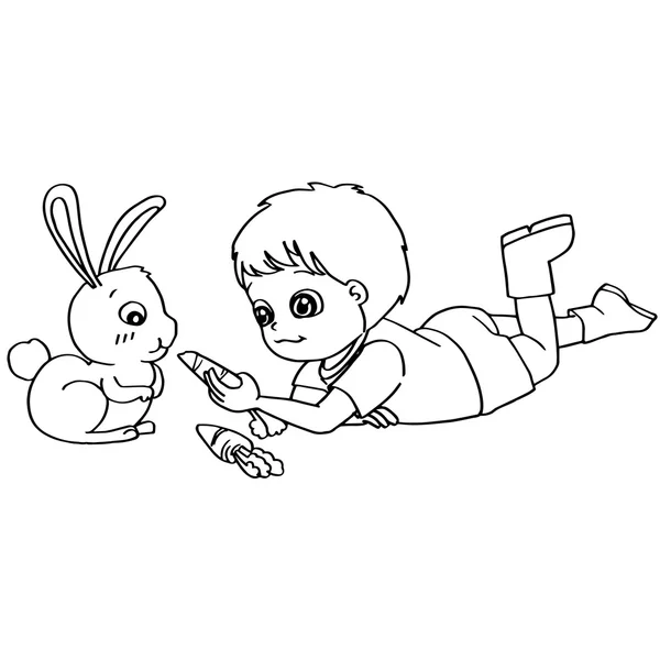 Coloring book child feeding rabbit vector — Stock Vector