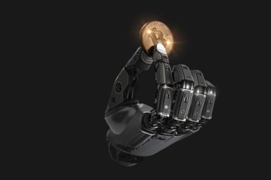 Mekanik kolda parmaklarıyla bitcoin tutan robot