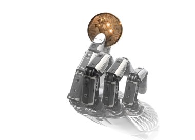 Mekanik kolda parmaklarıyla bitcoin tutan robot