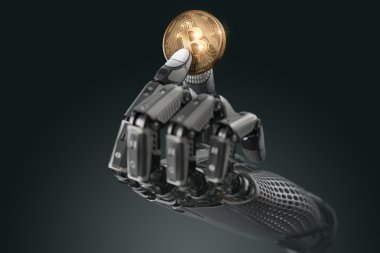 Mekanik kolda parmaklarıyla bitcoin tutan robot