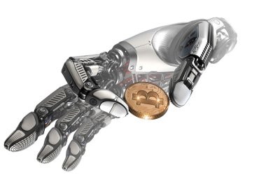 Mekanik kolda parmaklarıyla bitcoin tutan robot