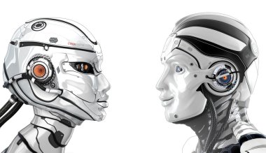 Male robot and female bot looking to each other