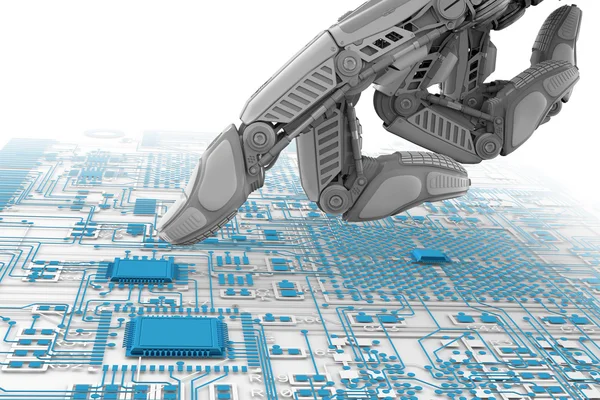 Høyt detaljert robothåndtak som berører digitalt kretskort med pekefinger – stockfoto