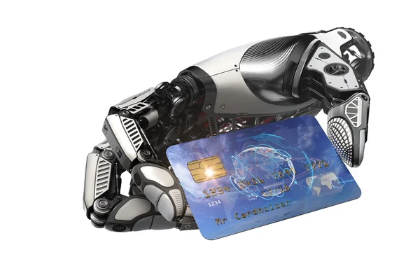 A robot holding generic credit card in hand — Stock Photo, Image