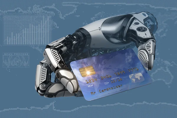 Un robot con tarjeta de crédito genérica en la mano —  Fotos de Stock