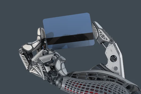 Een robot die generieke creditcard in de hand houdt — Stockfoto