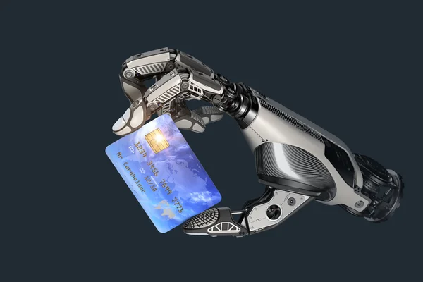 En robot som innehar generiskt kreditkort i handen — Stockfoto