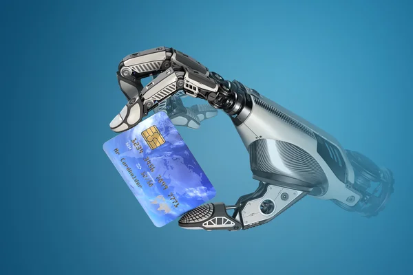 Un robot con tarjeta de crédito genérica en la mano — Foto de Stock