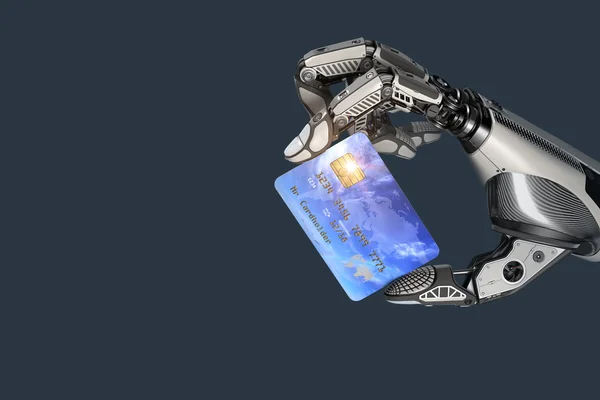 Een robot die generieke creditcard in de hand houdt — Stockfoto