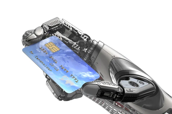 Een robot die generieke creditcard in de hand houdt — Stockfoto