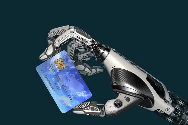 Robot posiadający w ręku generyczną kartę kredytową — Zdjęcie stockowe
