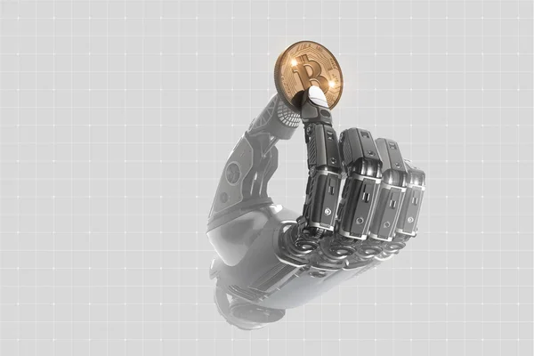 Robot Holding bitcoin met vingers in mechanische arm — Stockfoto