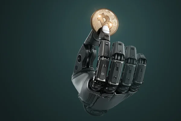 Robot holding bitcoin with fingers in mechanical arm — Stock Photo, Image