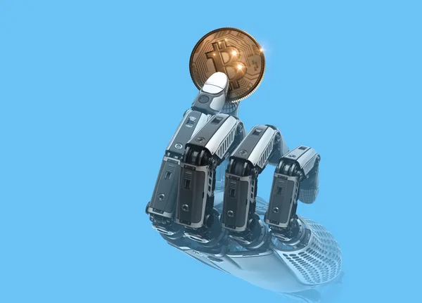 Robot che tiene bitcoin con le dita nel braccio meccanico — Foto Stock