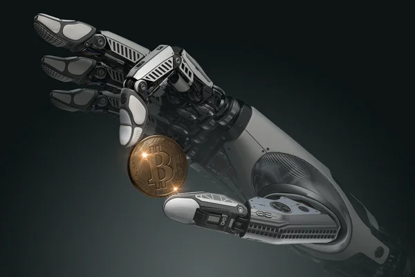 Robot holding bitcoin with fingers in mechanical arm — Stock Photo, Image