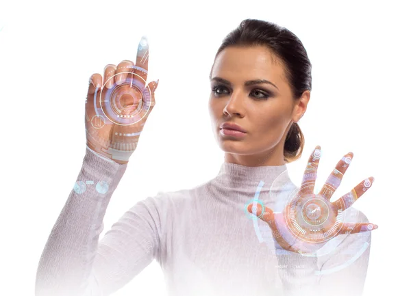 Attractive Model Working With Holographic Hud — Stock Photo, Image