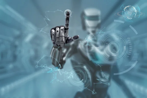 A Robot Working With Virtual Interface in Futuristic Background — Stock Photo, Image