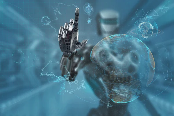 A Robot Working With Virtual Interface in Futuristic Background — Stock Photo, Image