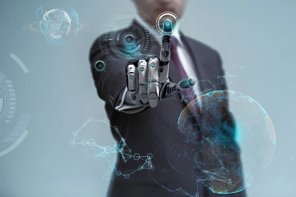 A Businessman Working With Virtual Interface Using Mechanical Roboric Arm — Stock Photo, Image