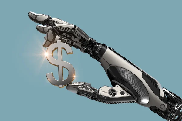 Brazo robótico mecánico que sostiene el símbolo de moneda del dólar estadounidense con los dedos — Foto de Stock