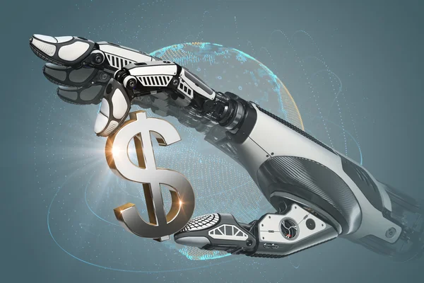 Brazo robótico mecánico que sostiene el símbolo de moneda del dólar estadounidense con los dedos —  Fotos de Stock
