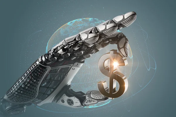 Mechaniczne ramię robotyczne posiadające symbol waluty dolara amerykańskiego z palcami — Zdjęcie stockowe
